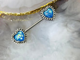 Pair of 14G Surgical Steel Antique Silver Blue Opal Heart Nipple Barbell. Nipple Piercing. Nipple Rings. Nipple Jewelry